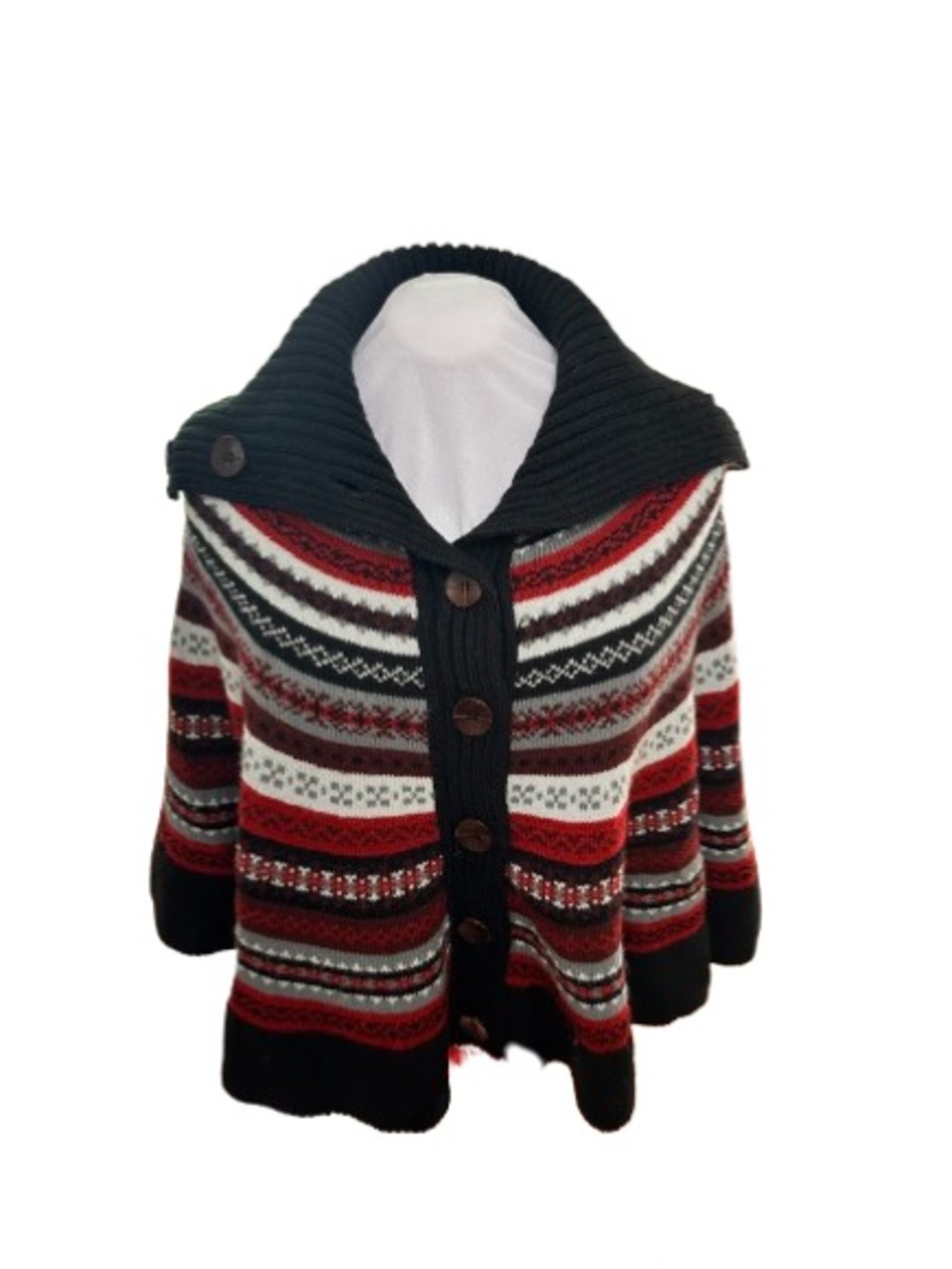 Button-Front Striped Knit Shawl Collar Cape